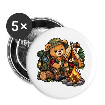 Teddy beim Camping – Süßes Outdoor Motiv - Buttons groß 56 mm (5er Pack) - Weiß - Vorne
