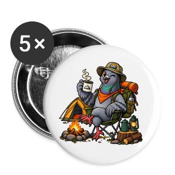 Taube beim Camping – Camping & Outdoor - Buttons groß 56 mm (5er Pack) - Weiß - Vorne