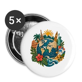 Weltreise Globus mit Landmarken - Buttons groß 56 mm (5er Pack) - Weiß - Vorne