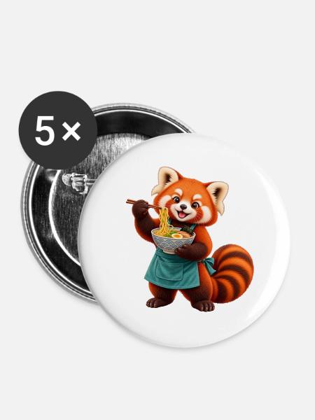 Red Panda Ramen-Koch mit Nudeln - Buttons groß 56 mm (5er Pack) - Weiß