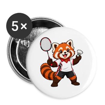 Badminton Red Panda mit Schläger und Federhahn - Buttons groß 56 mm (5er Pack) - Weiß - Vorne