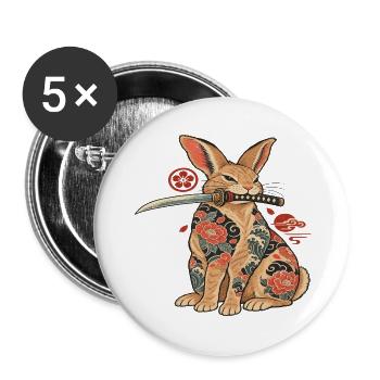 Katzen-Samurai mit Blüten-Tattoo - Buttons groß 56 mm (5er Pack) - Weiß - Vorne