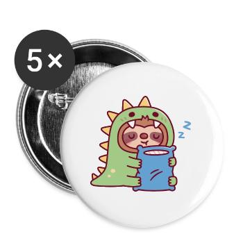 Süßer schläfriger Faultier im Dinosaurierkostüm umarmt Kissen - Buttons groß 56 mm (5er Pack) - Weiß - Vorne