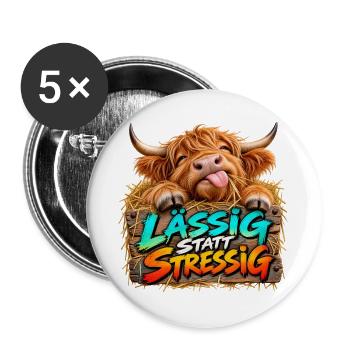 Lässig statt Stressig – Fröhlicher Bullenlook - Buttons groß 56 mm (5er Pack) - Weiß - Vorne