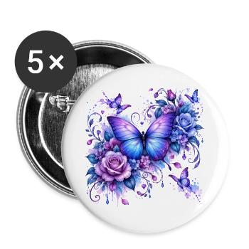 Wasserfarbener Schmetterling mit Pfingstrosen - Buttons groß 56 mm (5er Pack) - Weiß - Vorne
