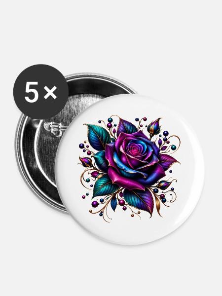 Neonrose mit Goldakzenten - Buttons groß 56 mm (5er Pack) - Weiß