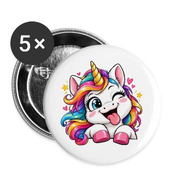 Fröhliches Regenbogen-Einhorn - Buttons groß 56 mm (5er Pack) - Weiß - Vorne