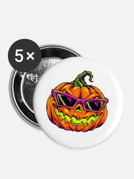 Neon Kürbis mit Sonnenbrille - Buttons groß 56 mm (5er Pack) - Weiß