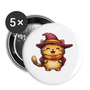 Kuschelkater im Hexenhut - Buttons groß 56 mm (5er Pack) - Weiß - Vorne