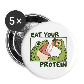 Lustig: Eß deinen Protein-Gym-Frosch - Buttons groß 56 mm (5er Pack) - Weiß - Vorne