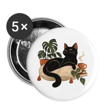 Schwarze Katze auf Kuschelkissen - Buttons groß 56 mm (5er Pack) - Weiß - Vorne