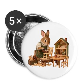Kaninchen baut Miniaturmöbel - Buttons groß 56 mm (5er Pack) - Weiß - Vorne