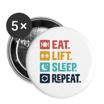 Essen, heben, schlafen, wiederholen - Buttons groß 56 mm (5er Pack) - Weiß - Vorne