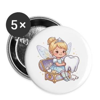 Zahnfee mit Schatztruhe - Buttons groß 56 mm (5er Pack) - Weiß - Vorne