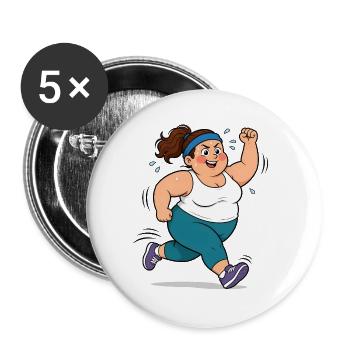 Korpulente Comic Frau beim Jogging Sport Spaß Shir - Buttons groß 56 mm (5er Pack) - Weiß - Vorne