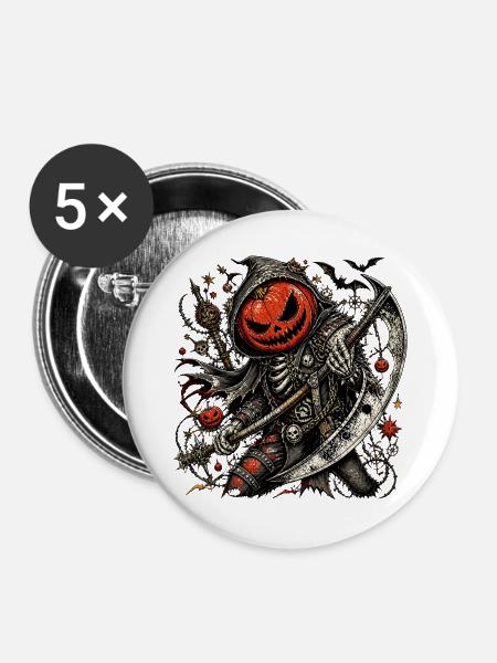 Kürbiskopf-Sensenmann mit Axt - Buttons groß 56 mm (5er Pack) - Weiß