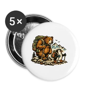 Bär & Pinguin beim Wandern – Outdoor Abenteuer - Buttons groß 56 mm (5er Pack) - Weiß - Vorne