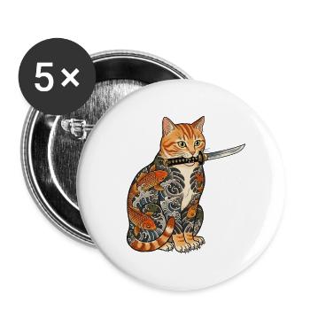 Tattoo Katze mit Messer - Buttons groß 56 mm (5er Pack) - Weiß - Vorne