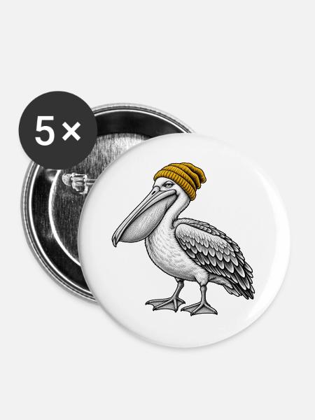 Pelikan mit Strickmütze - Buttons groß 56 mm (5er Pack) - Weiß
