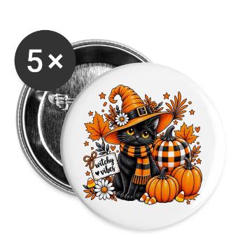 Witchy Vibes Schwarze Katze Halloween-Kürbis - Buttons groß 56 mm (5er Pack) - Weiß - Vorne