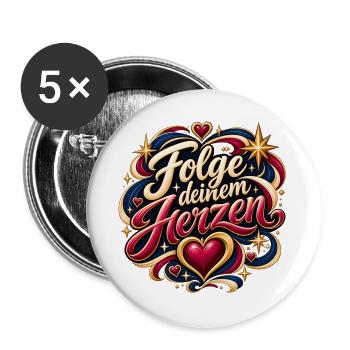 Folge deinem Herzen – Herzdesign - Buttons groß 56 mm (5er Pack) - Weiß - Vorne