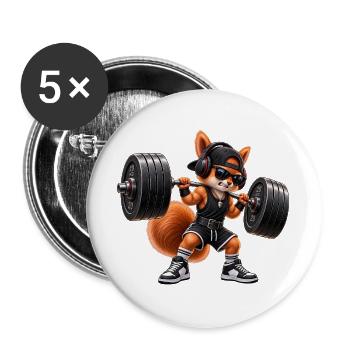 Fitness Eichhörnchen Gym Muskeln Bodybuilding - Buttons groß 56 mm (5er Pack) - Weiß - Vorne