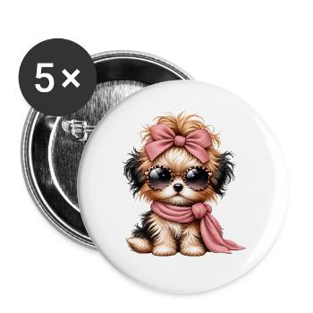 Pudelchen mit Rosa Schleife und Brille - Buttons groß 56 mm (5er Pack) - Weiß - Vorne