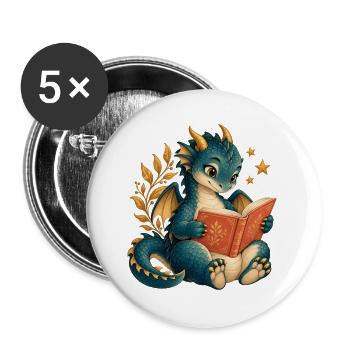 Book Dragon – Fantasy und Lesen - Buttons groß 56 mm (5er Pack) - Weiß - Vorne