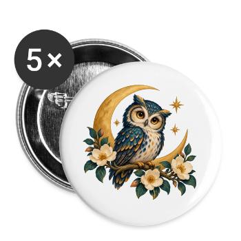 Mondeule mit Blumen und goldenen Sternen - Buttons groß 56 mm (5er Pack) - Weiß - Vorne
