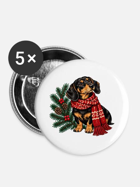 Winterdackel mit rotem Schal - Buttons groß 56 mm (5er Pack) - Weiß