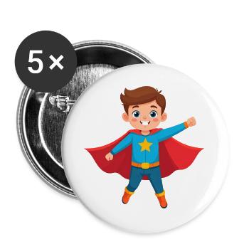 Kleiner Comic Superheld Kinder Helden Power Shirt - Buttons groß 56 mm (5er Pack) - Weiß - Vorne