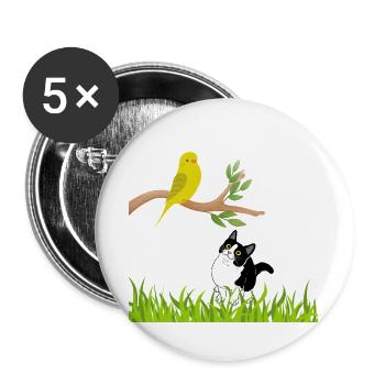 Sonniger Singvogel und Neugierige Katze - Buttons groß 56 mm (5er Pack) - Weiß - Vorne
