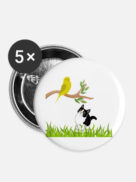 Sonniger Singvogel und Neugierige Katze - Buttons groß 56 mm (5er Pack) - Weiß