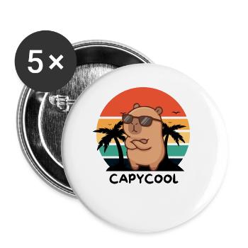 Capycool – Cooles Capybara im Retro Sunset - Buttons groß 56 mm (5er Pack) - Weiß - Vorne