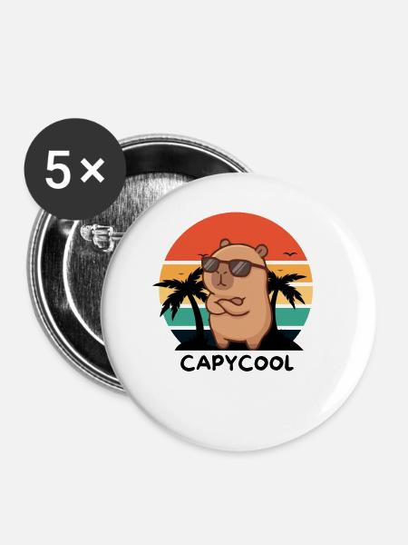 Capycool – Cooles Capybara im Retro Sunset - Buttons groß 56 mm (5er Pack) - Weiß
