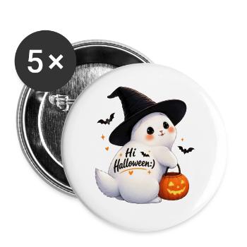 Süßes Halloween-Kaninchen mit Hexenhut - Buttons groß 56 mm (5er Pack) - Weiß - Vorne