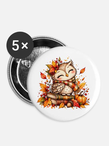 Kuschelige Herbst-Eule - Buttons groß 56 mm (5er Pack) - Weiß