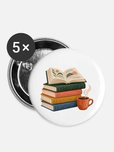 Bücherstapel Morgenkaffee - Buttons groß 56 mm (5er Pack) - Weiß