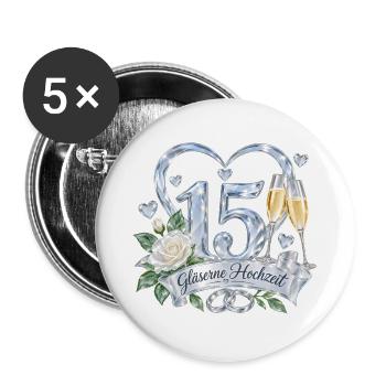 15.Hochzeitstag , 15 Jahre Gläserne Hochzeit - Buttons groß 56 mm (5er Pack) - Weiß - Vorne