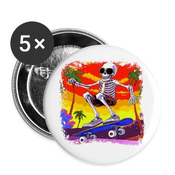 Skelett Skateboarder - Totenkopf - Buttons groß 56 mm (5er Pack) - Weiß - Vorne