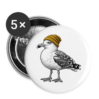 Möwe mit Gelber Mütze - Buttons groß 56 mm (5er Pack) - Weiß - Vorne
