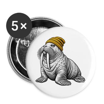Walross mit Gelber Mütze - Buttons groß 56 mm (5er Pack) - Weiß - Vorne