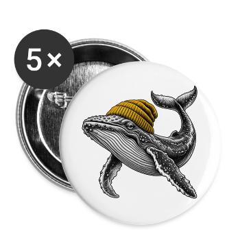 Wal mit Gelber Mütze – skurrile Seeweisheit - Buttons groß 56 mm (5er Pack) - Weiß - Vorne