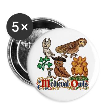 Verzierte mittelalterliche Eulen - Buttons groß 56 mm (5er Pack) - Weiß - Vorne