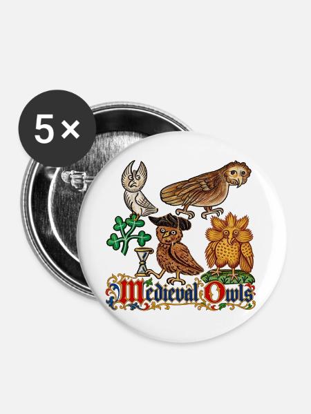 Verzierte mittelalterliche Eulen - Buttons groß 56 mm (5er Pack) - Weiß
