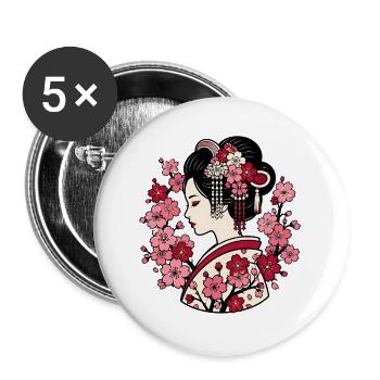 Geisha Silhouette mit Kirschblüten Japan Motiv - Buttons groß 56 mm (5er Pack) - Weiß - Vorne
