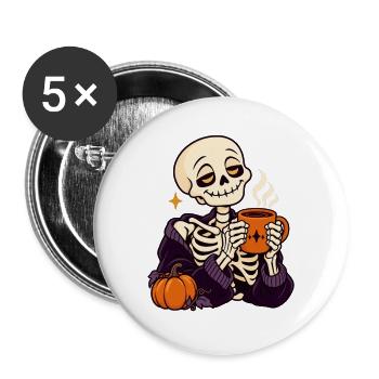 Kuschelskelett mit Kaffee und Kürbis - Buttons groß 56 mm (5er Pack) - Weiß - Vorne
