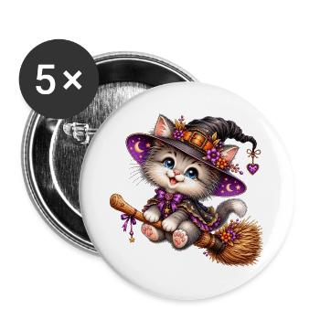 Katzenzauberer auf dem Besen - Buttons groß 56 mm (5er Pack) - Weiß - Vorne