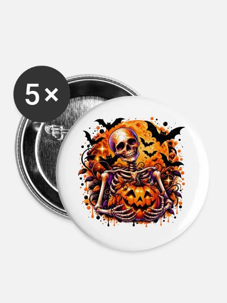 Skelett mit Pumpkin Halloween-Motiv - Buttons groß 56 mm (5er Pack) - Weiß