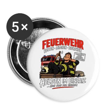 Feuerwehr - Retten - Löschen - Bierchen - Buttons groß 56 mm (5er Pack) - Weiß - Vorne